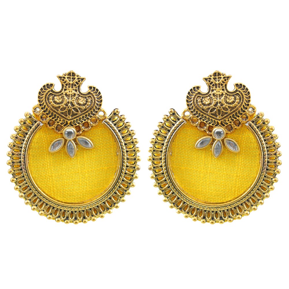 Gold-Plated Handcrafted Kundan Yellow Fabric Drop & Dangler Earrings image 1