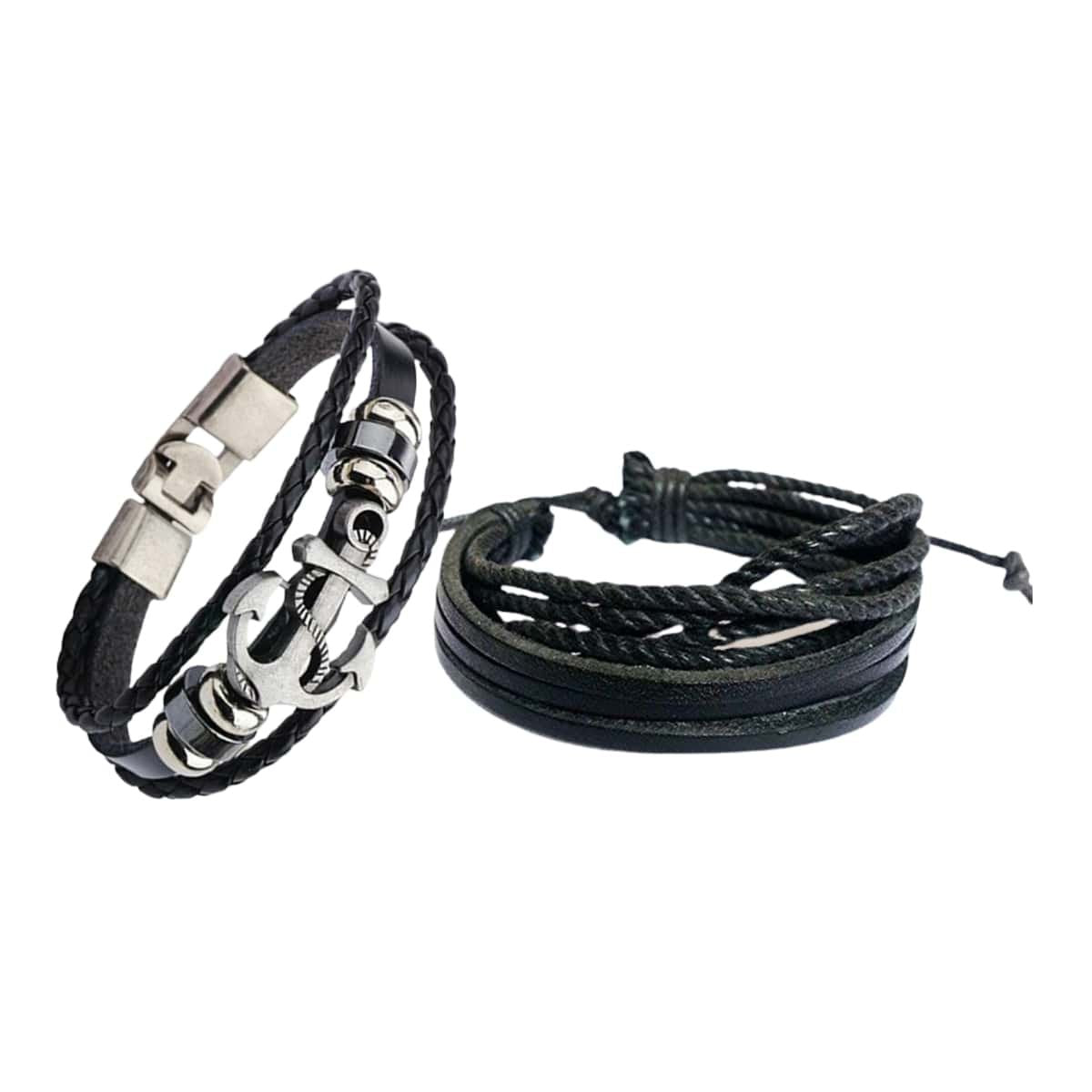 Men's Leather Multistrand Silver-Plated Black Bracelet Combos (Pack of 2) image 1