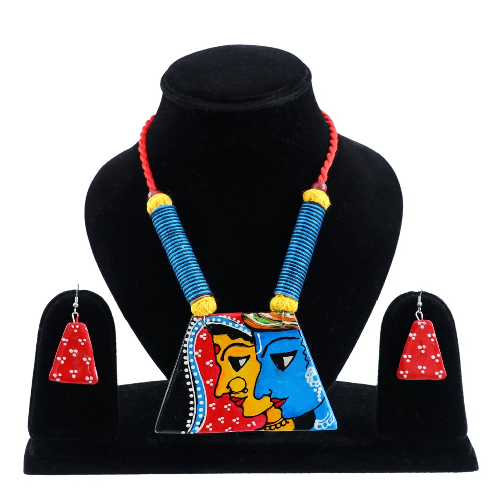 Hand-Painted Krishna-Radha Terracotta Fabric Jewellery Set image 0