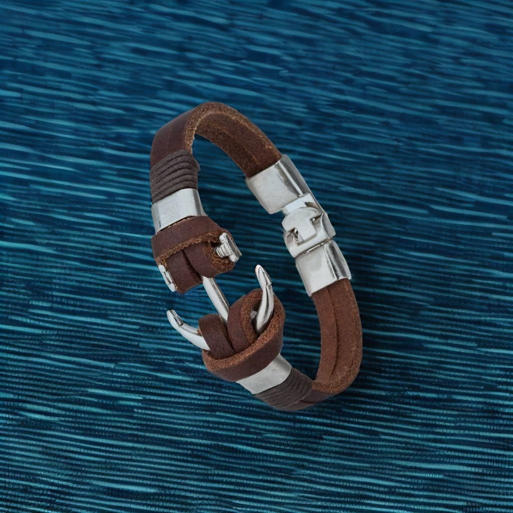 Unisex Silver-Plated Anchor Brown Leather Bracelet image 7