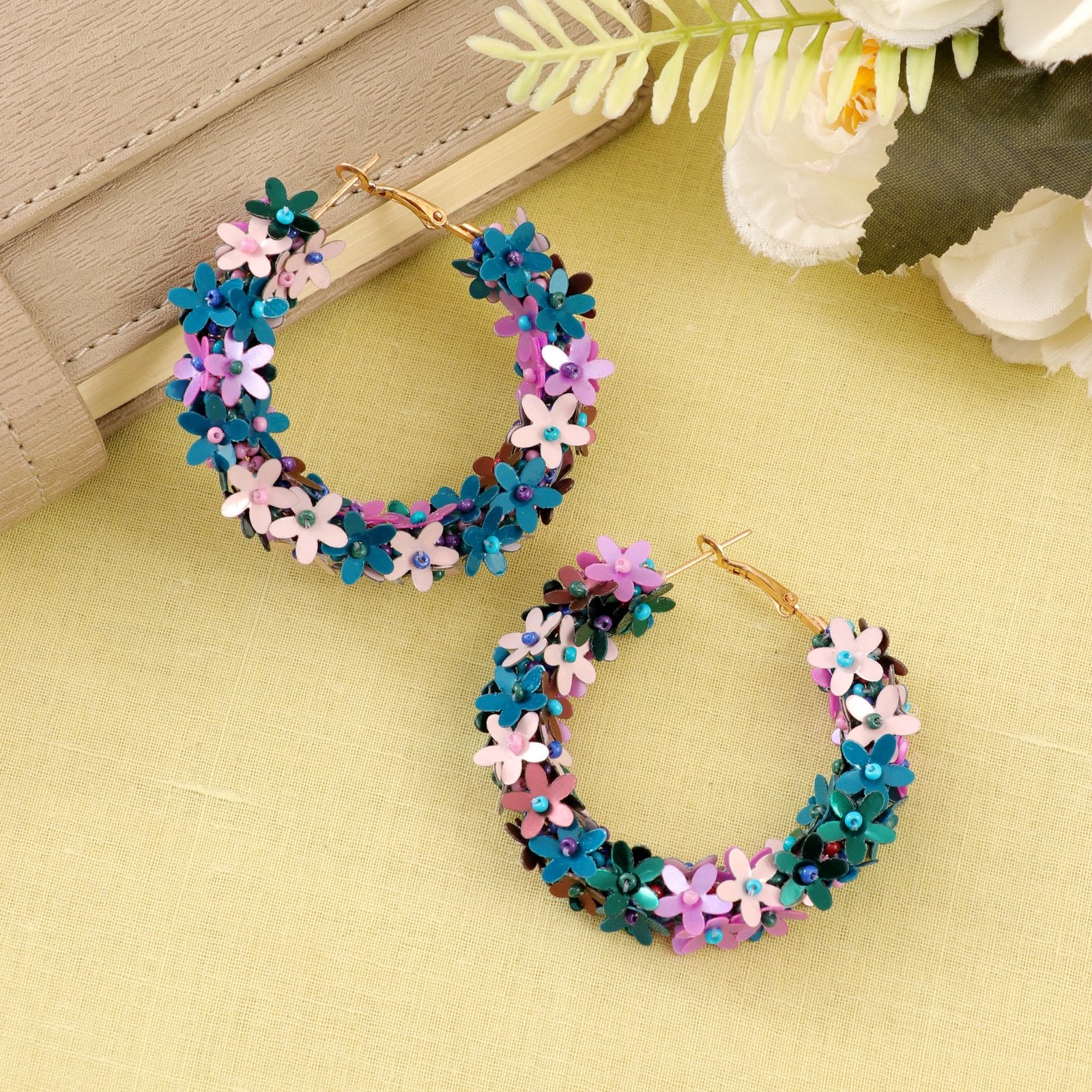 Beaded Multi Floral Hoop Earrings image 2