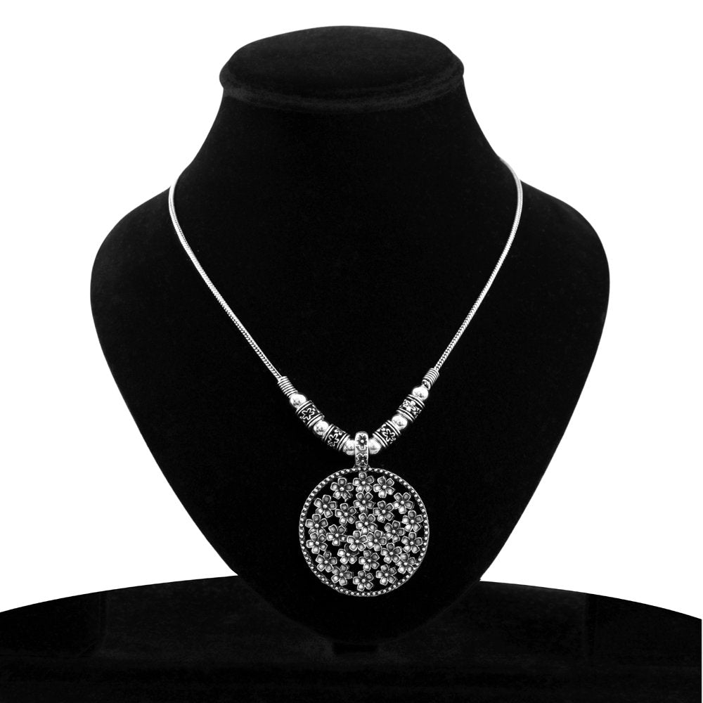 Oxidised Silver Long Floral Pendant Necklace image 1