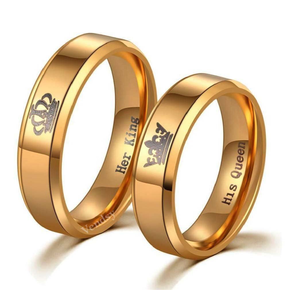 Gold-Plated Engraved Queen & King Crown Ring image 2