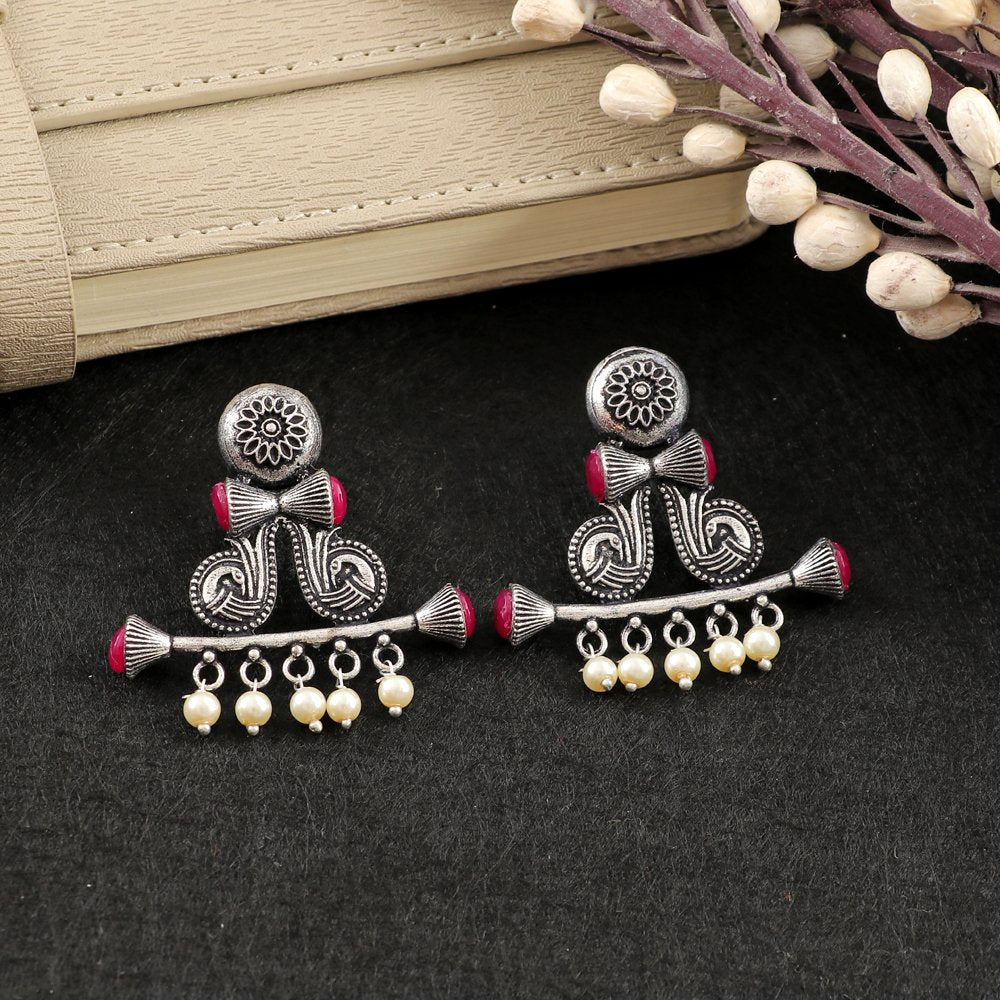 Oxidized Silver Peacock Drum Ball Pink Stone/White Pearl Earrings image 0