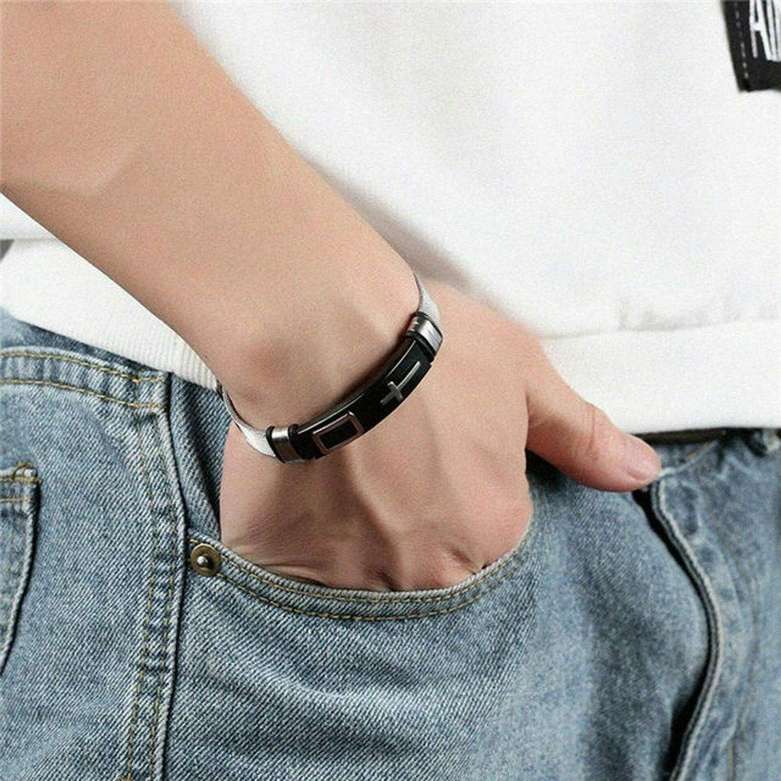 Men's Silver-Plated Mesh Cross Engraved Black Raised Bracelet image 3