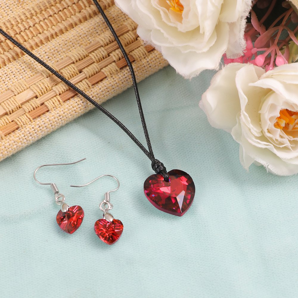 Red Crystal Heart Pendant Necklace and Earrings Set image 2