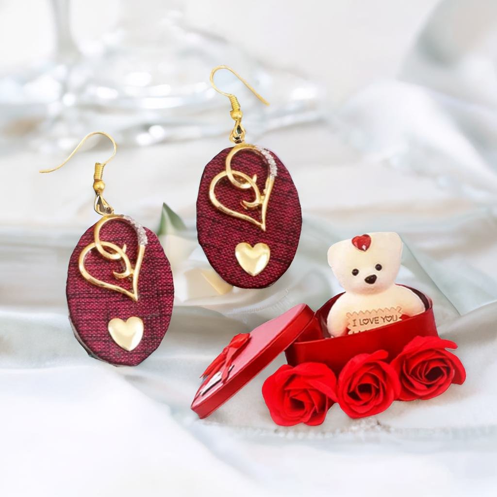 Heart Dangle Earrings &Red Teddy Bear Combo Set image 2