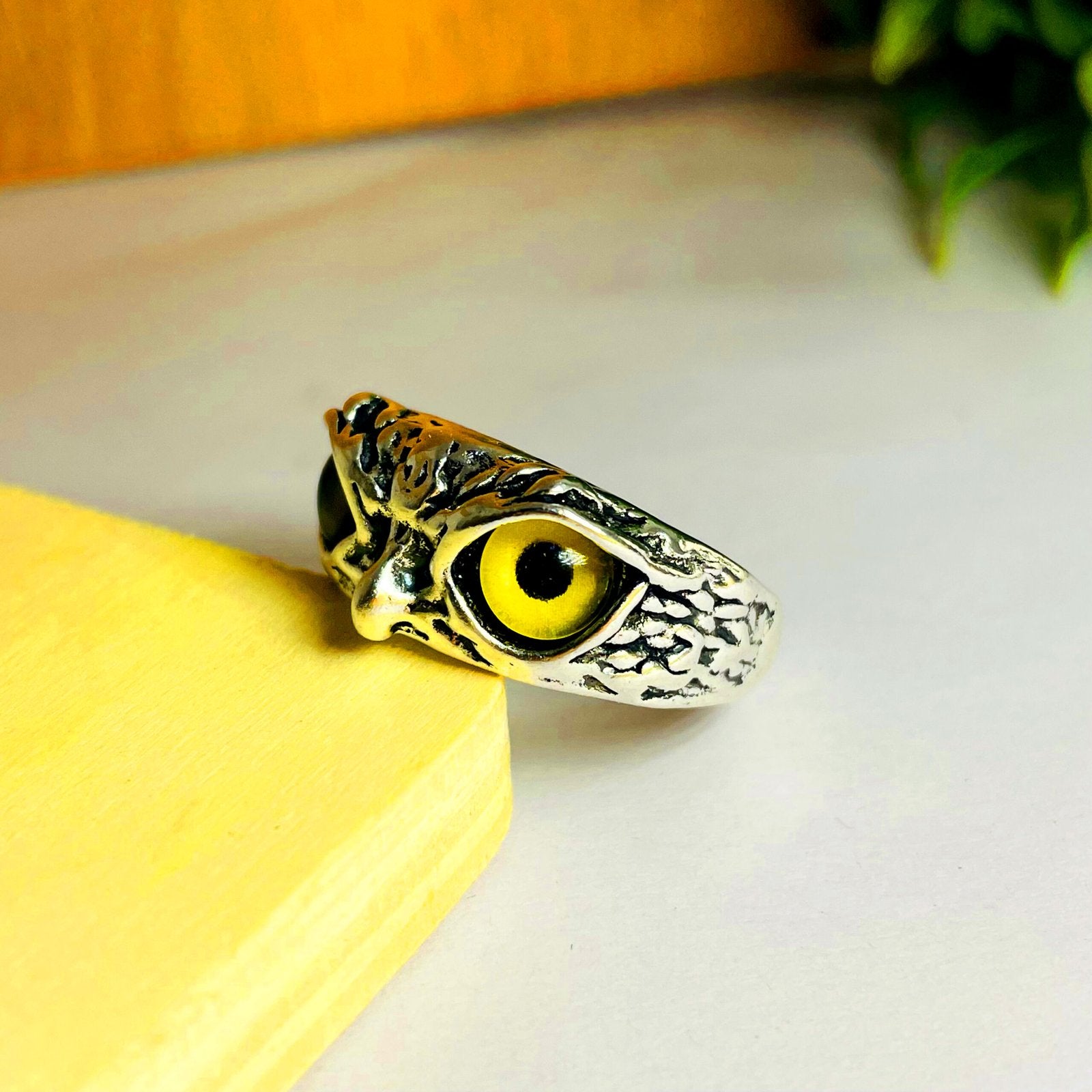 Oxidised Silver Owl Ring Yellow Cat Eyes Adjustable Finger Ring image 0