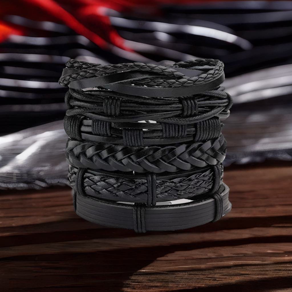 Black Leather Beaded Cuff Bracelets (Set of 6) image 0