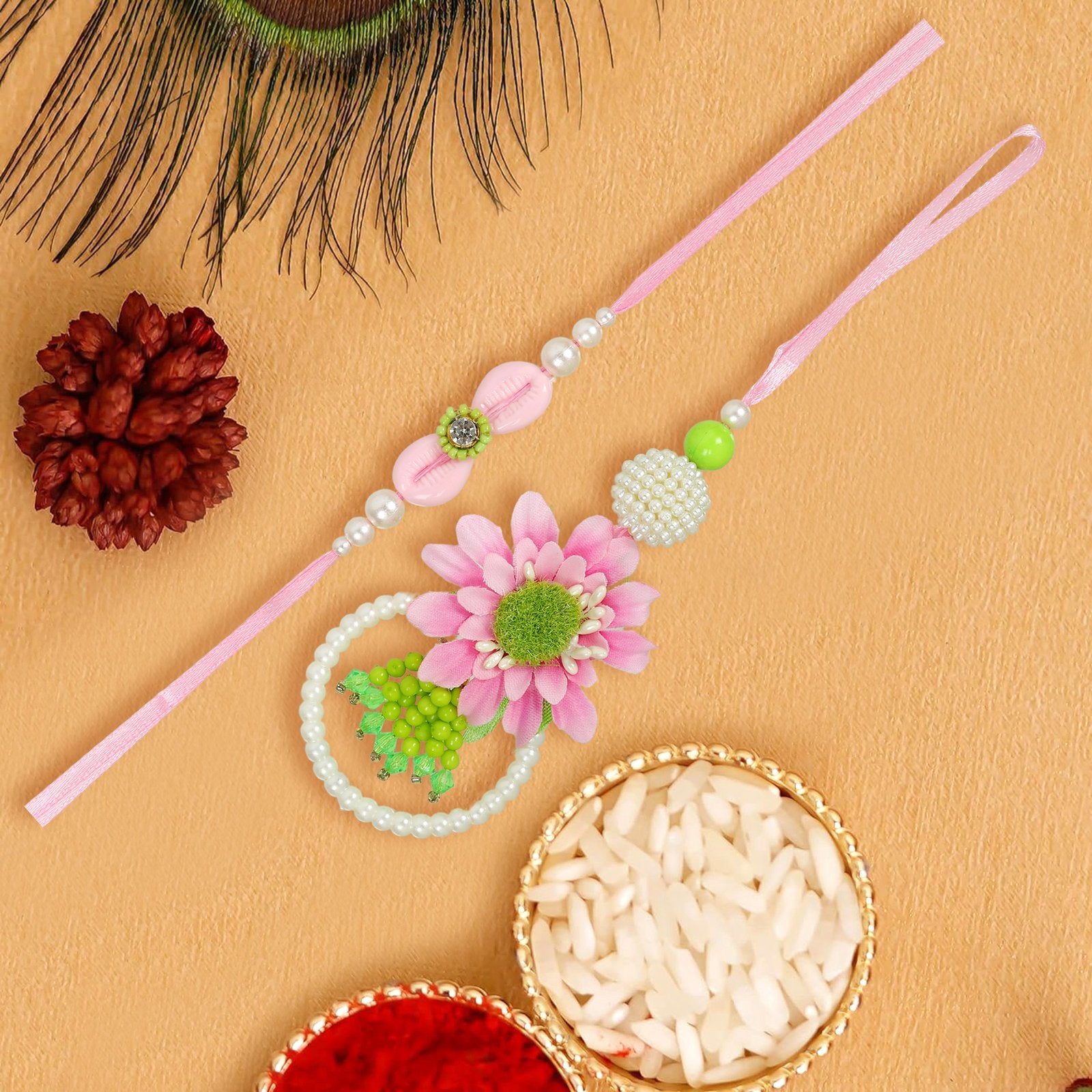 Set Of 2 Handcrafted Floral Beaded Bhaiya Bhabhi Rakhi image 2