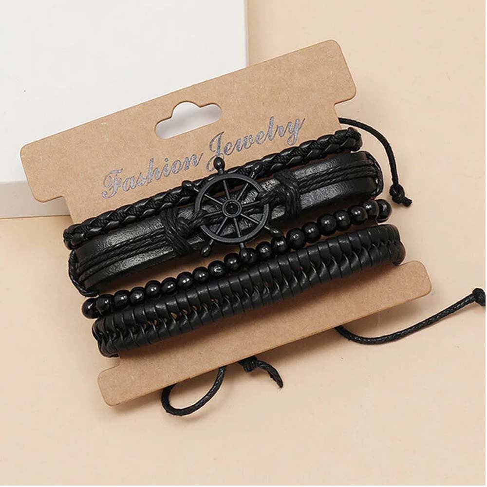 Men's Multi-String Black Beaded Wrap Bracelet with Wheel Design image 0