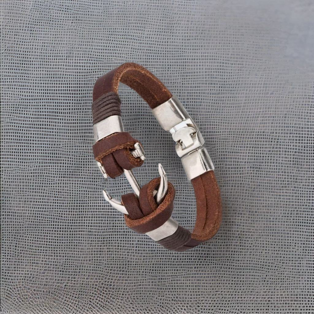 Unisex Silver-Plated Anchor Brown Leather Bracelet image 0