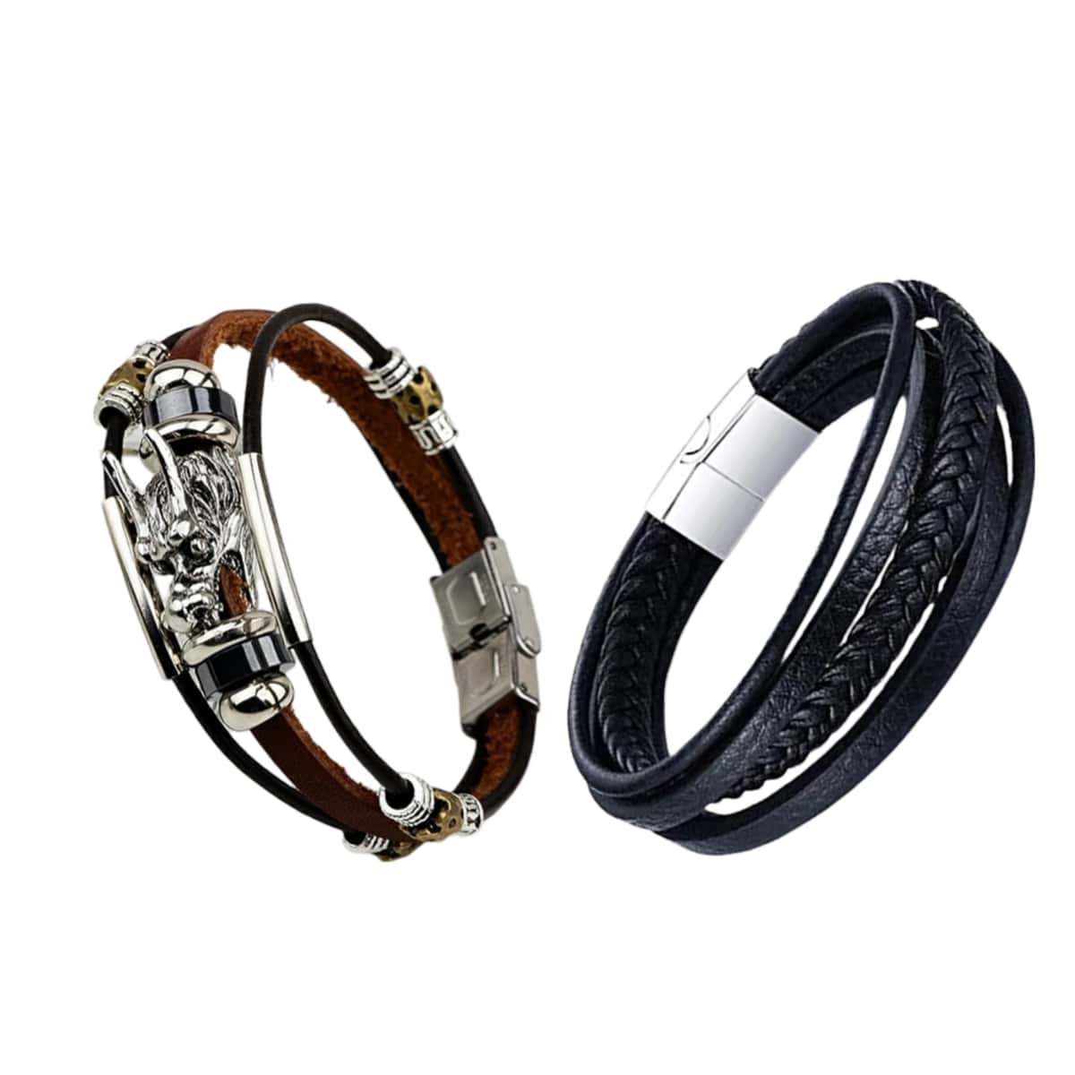 Men's Leather Silver-plated Black-Brown Bracelet Combo (Pack of 2) image 2