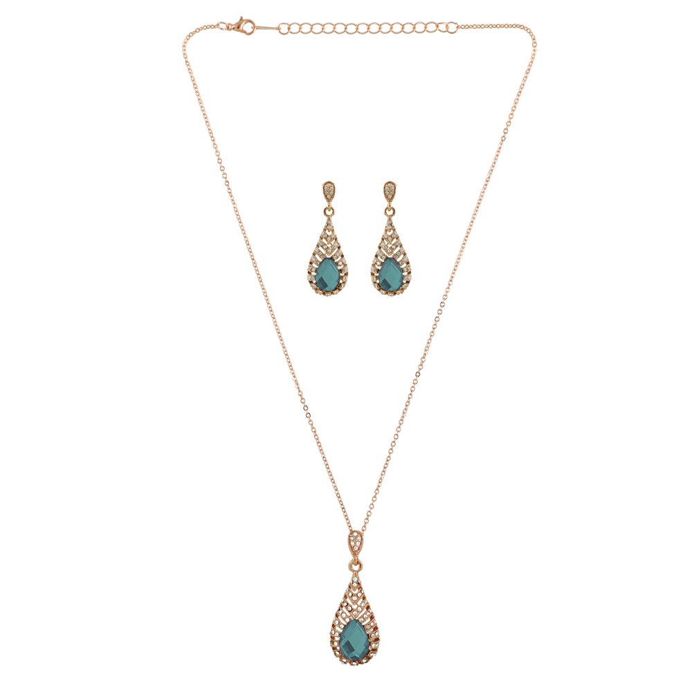 Gold-Plated Green Crystal Retro Drop Necklace & Earring (Jewellery Set) image 3