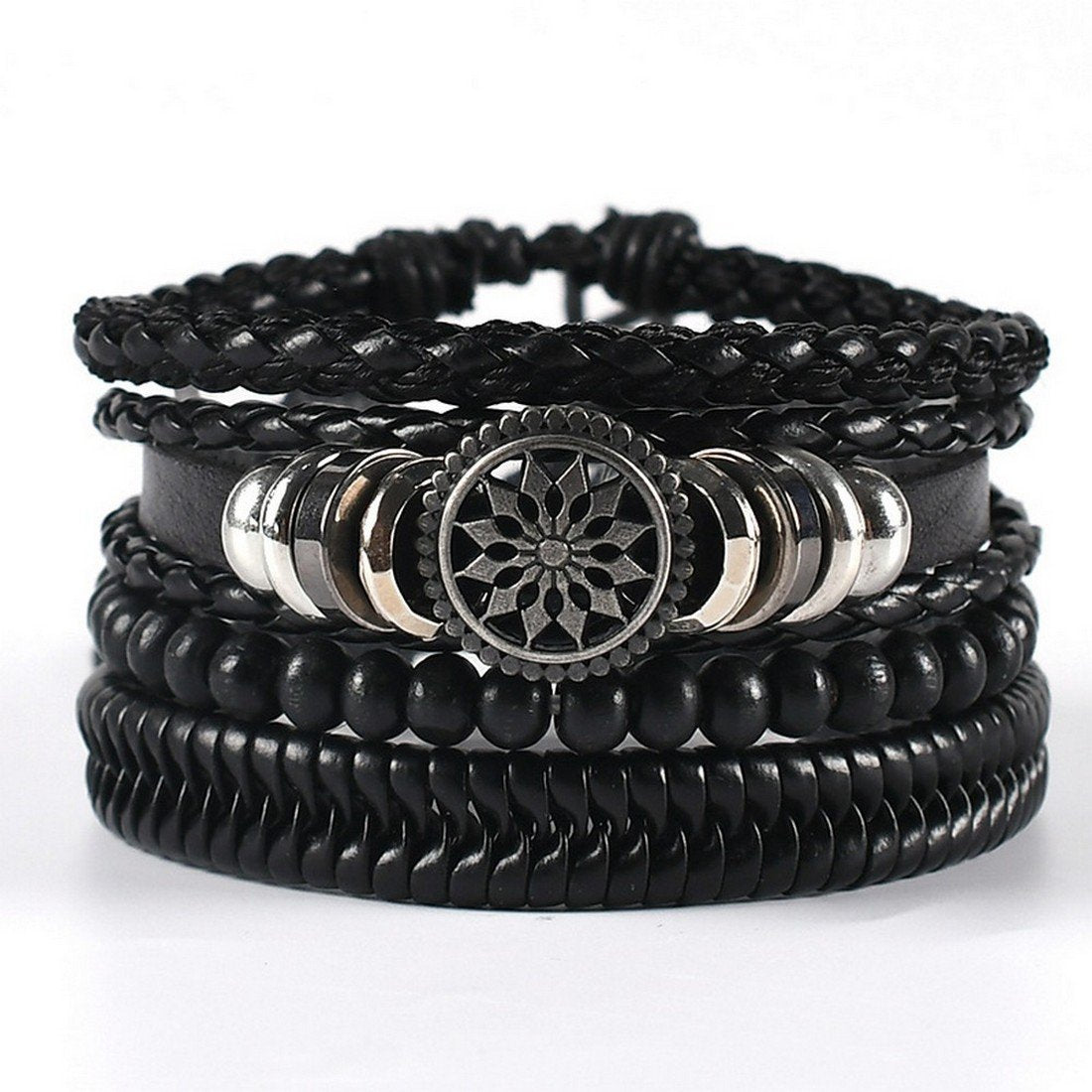 Men's Oxidised Silver Wheel Leather Black Beads Bracelet image 4