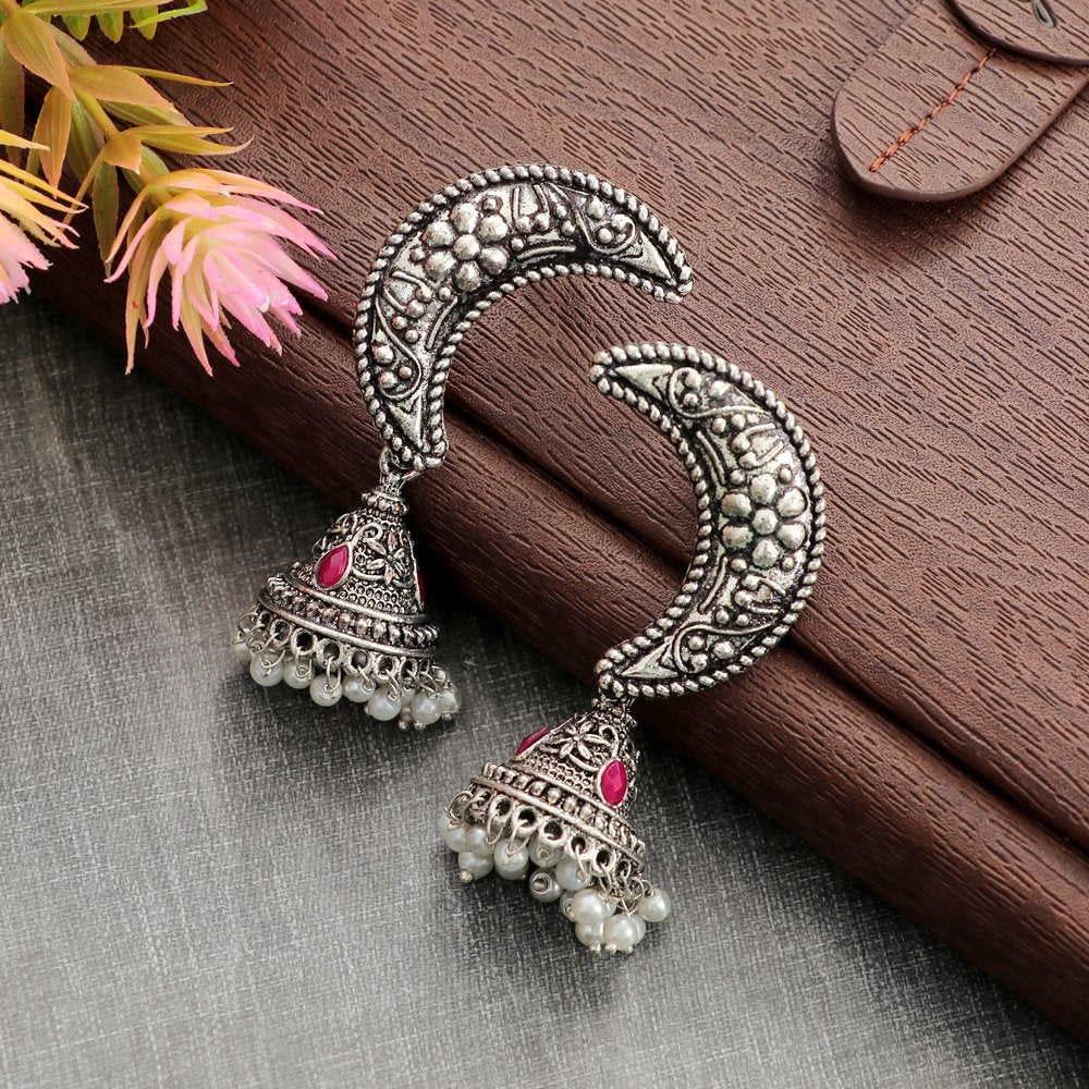 Oxidised Silver Half Moon Pink Stone Jhumka Earrings image 2