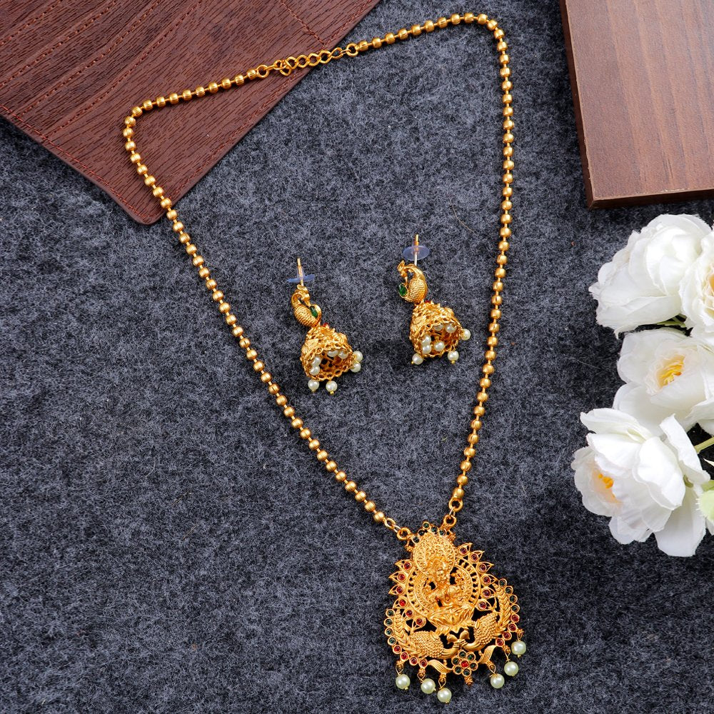Gold-Plated Divine Lakshmi Peacock Long Necklace Set image 0