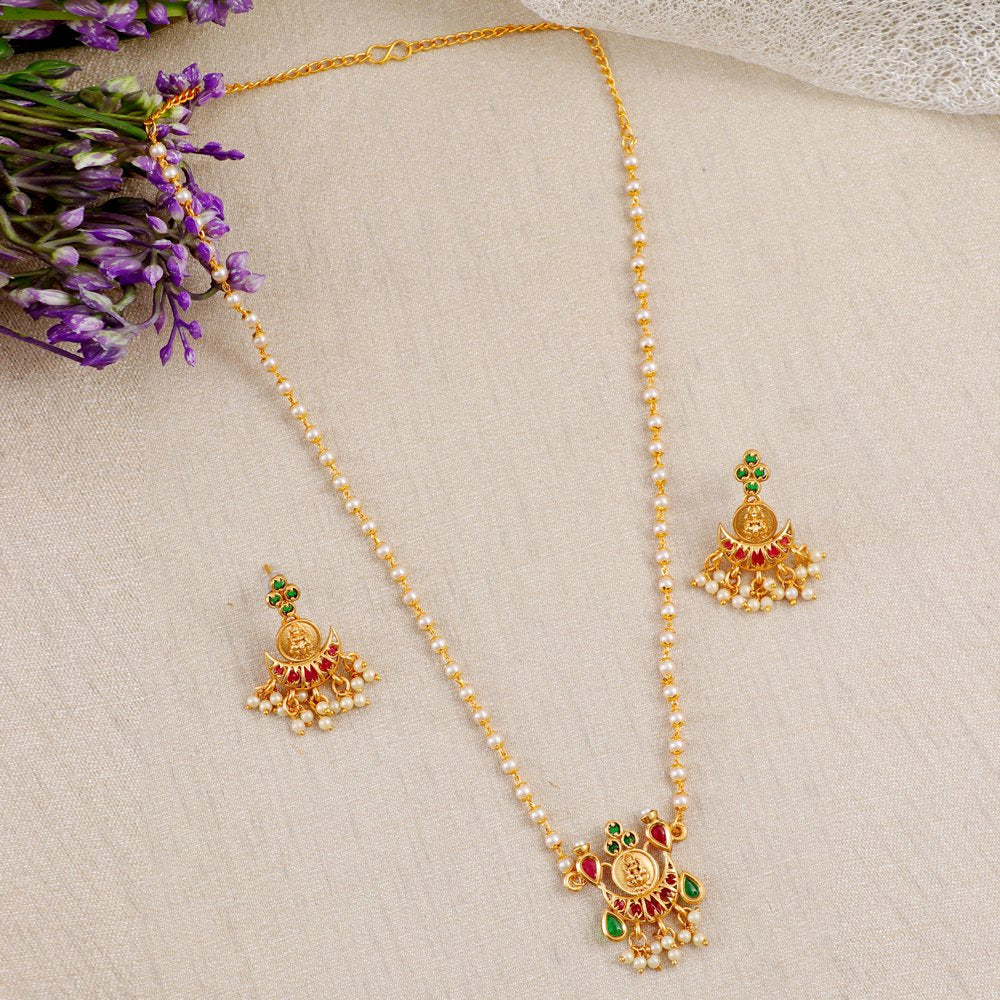 Gold-Plated Jadau Pearl Coin Temple Jewellery Set image 4