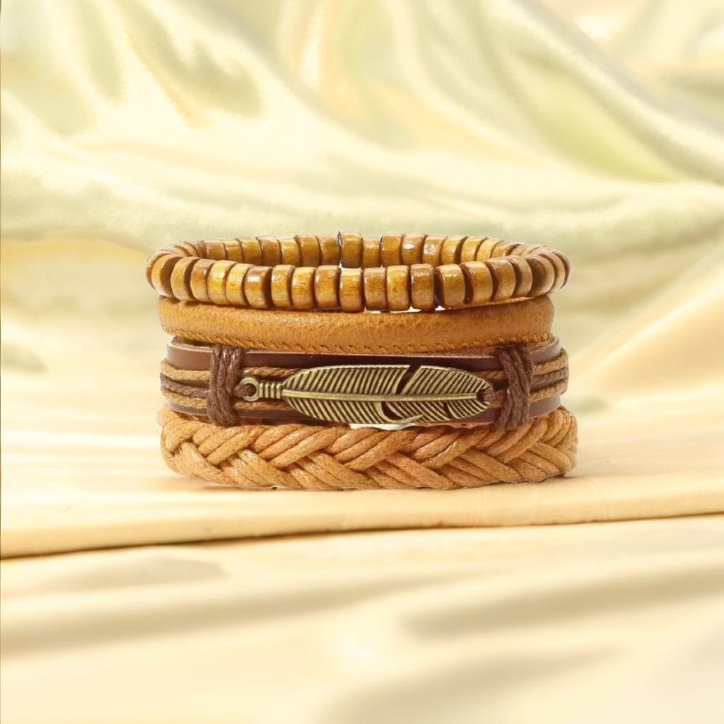 Bohemian Style Oxidized Silver Leaf Multistring Brown Wrap Bracelet For Men image 5