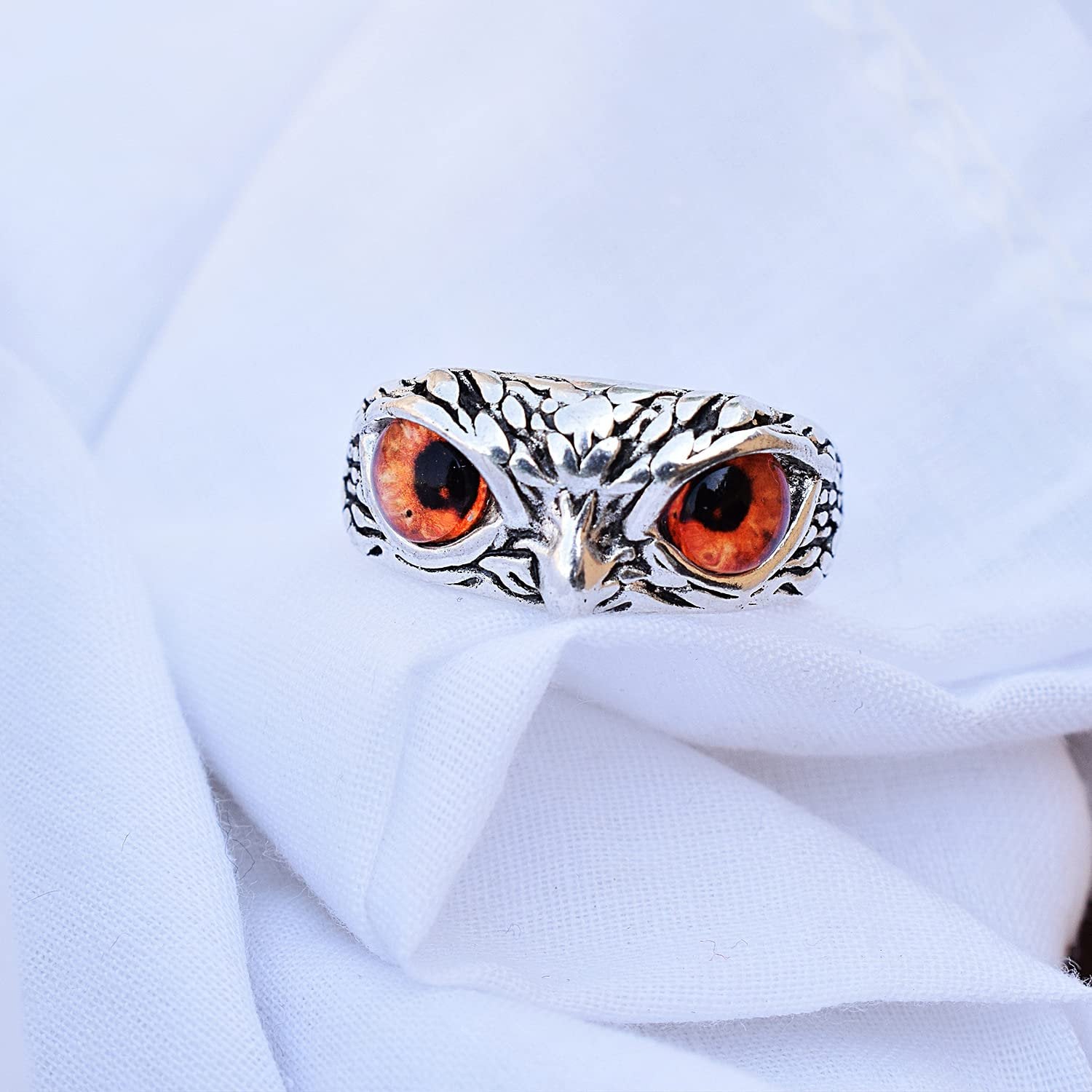 Oxidised Silver Owl Ring with Orange Eyes Finger Ring image 1