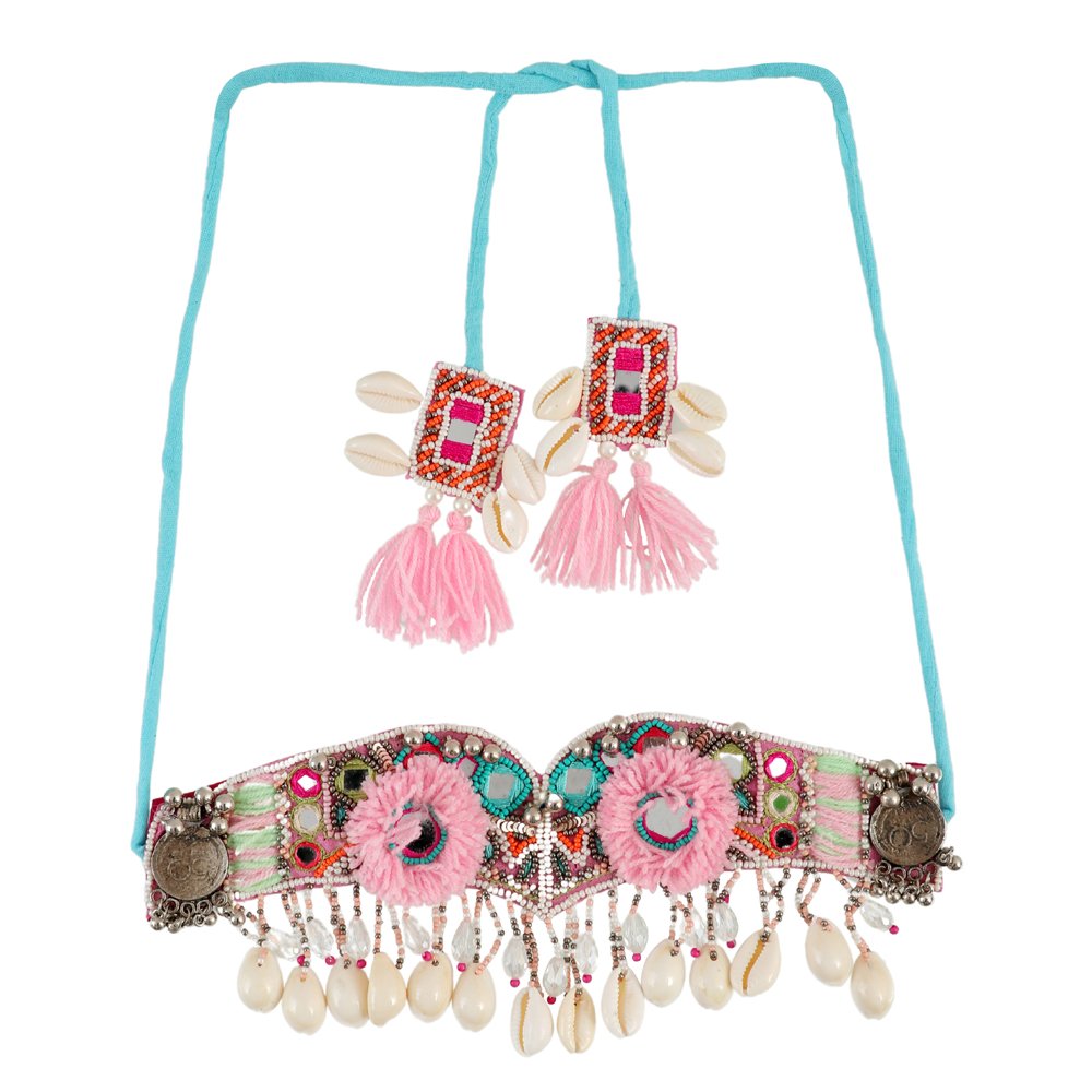 Pink Handcrafted Boho Mirrorwork Choker Necklace image 4