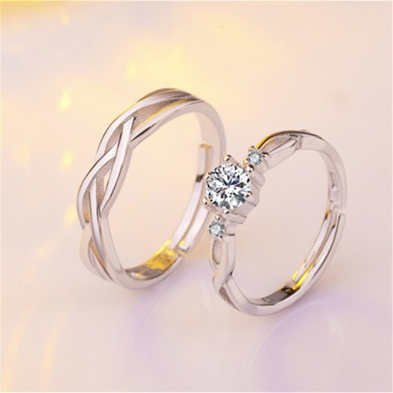 Sparkling Silver-Plated Crystal Couple Finger Ring Set image 0
