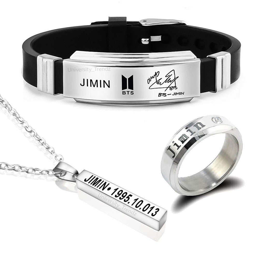 BTS Jimin Tri Combo Pack of BTS Bracelet, Silver Ring and Pendant image 0
