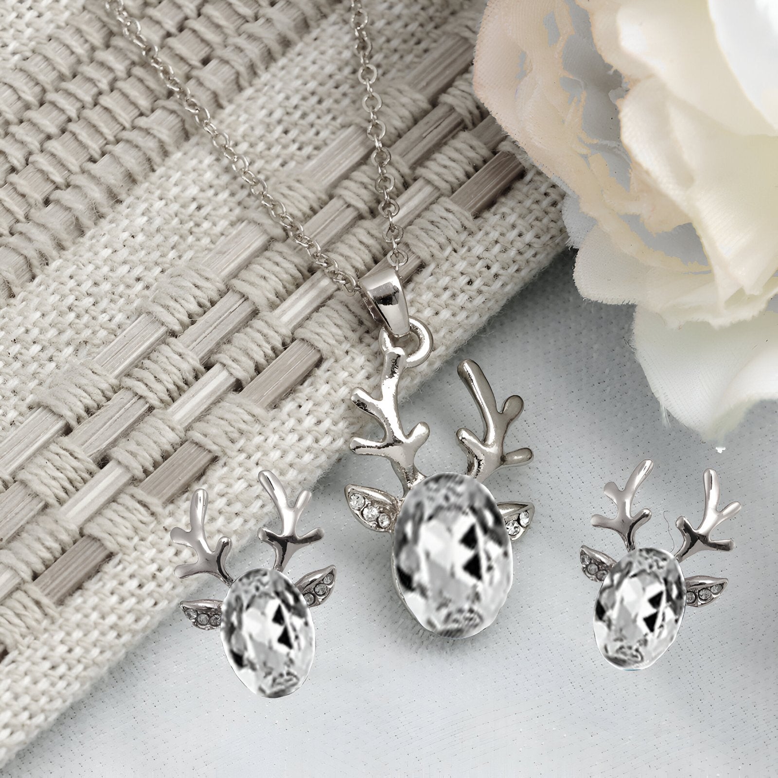 Silver-Plated White Crystal Deer Design Necklace & Earring Set image 0