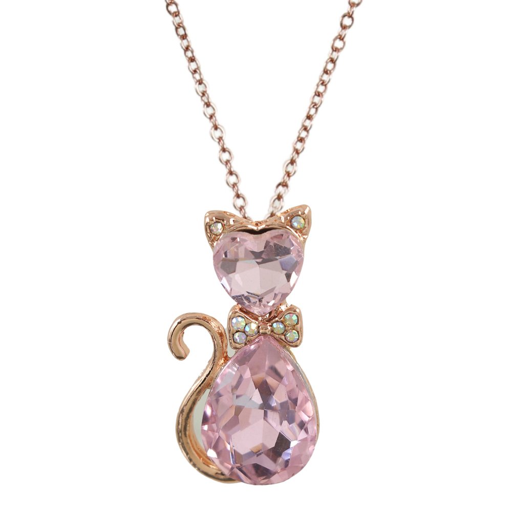 Gold-Plated Light Pink Crystal Cat Pendant Necklace image 1