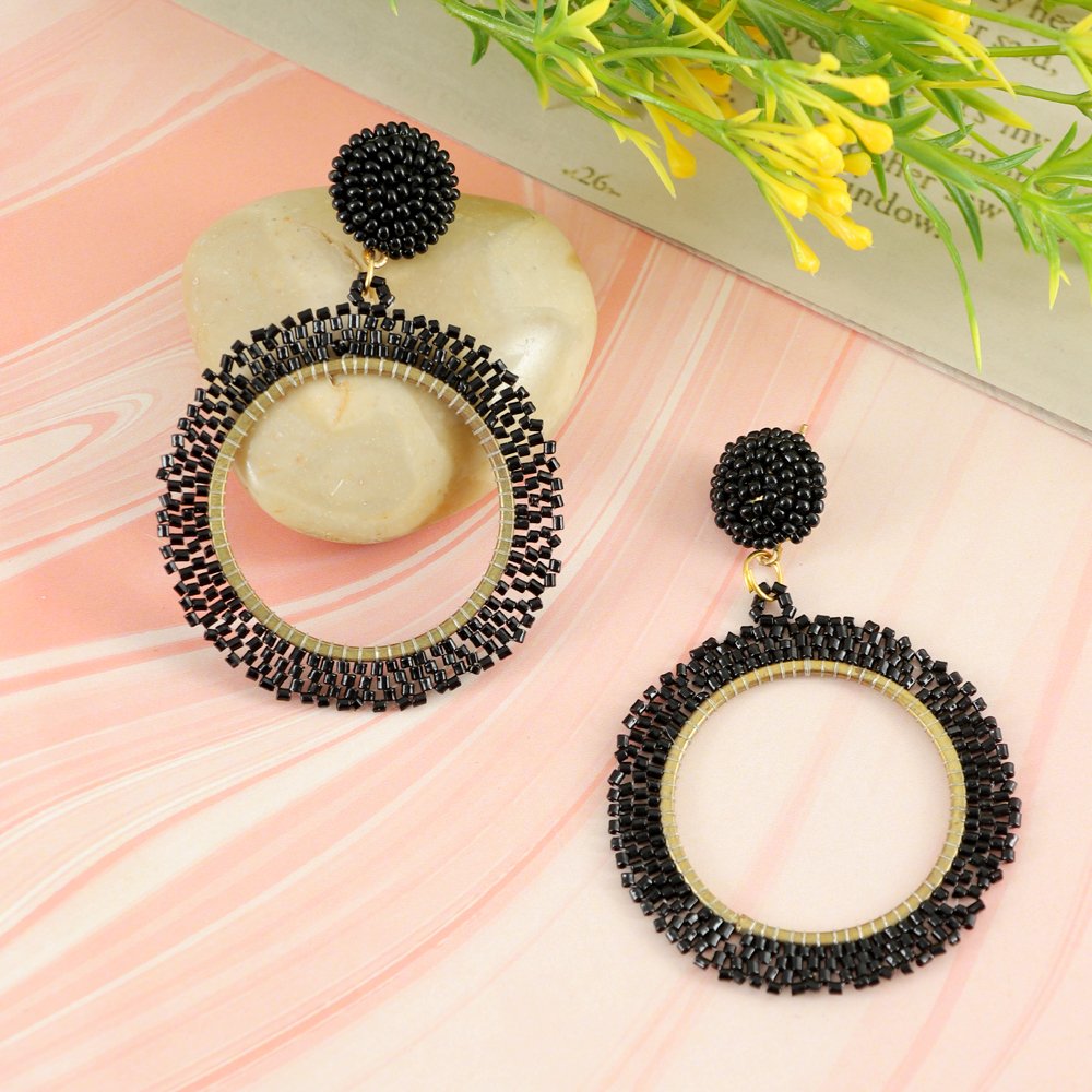 Gold-Plated Handcrafted Black Beaded Earrings image 0