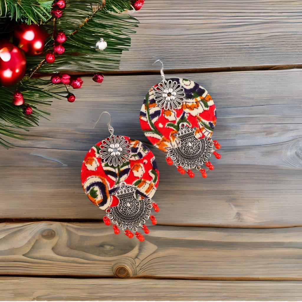 Handmade Red Fabric Madhubani Beaded Dangler Earrings image 0
