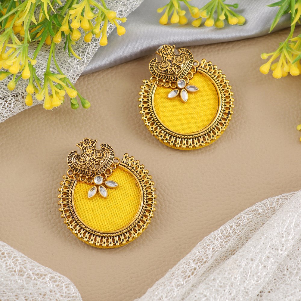 Gold-Plated Handcrafted Kundan Yellow Fabric Drop & Dangler Earrings image 0
