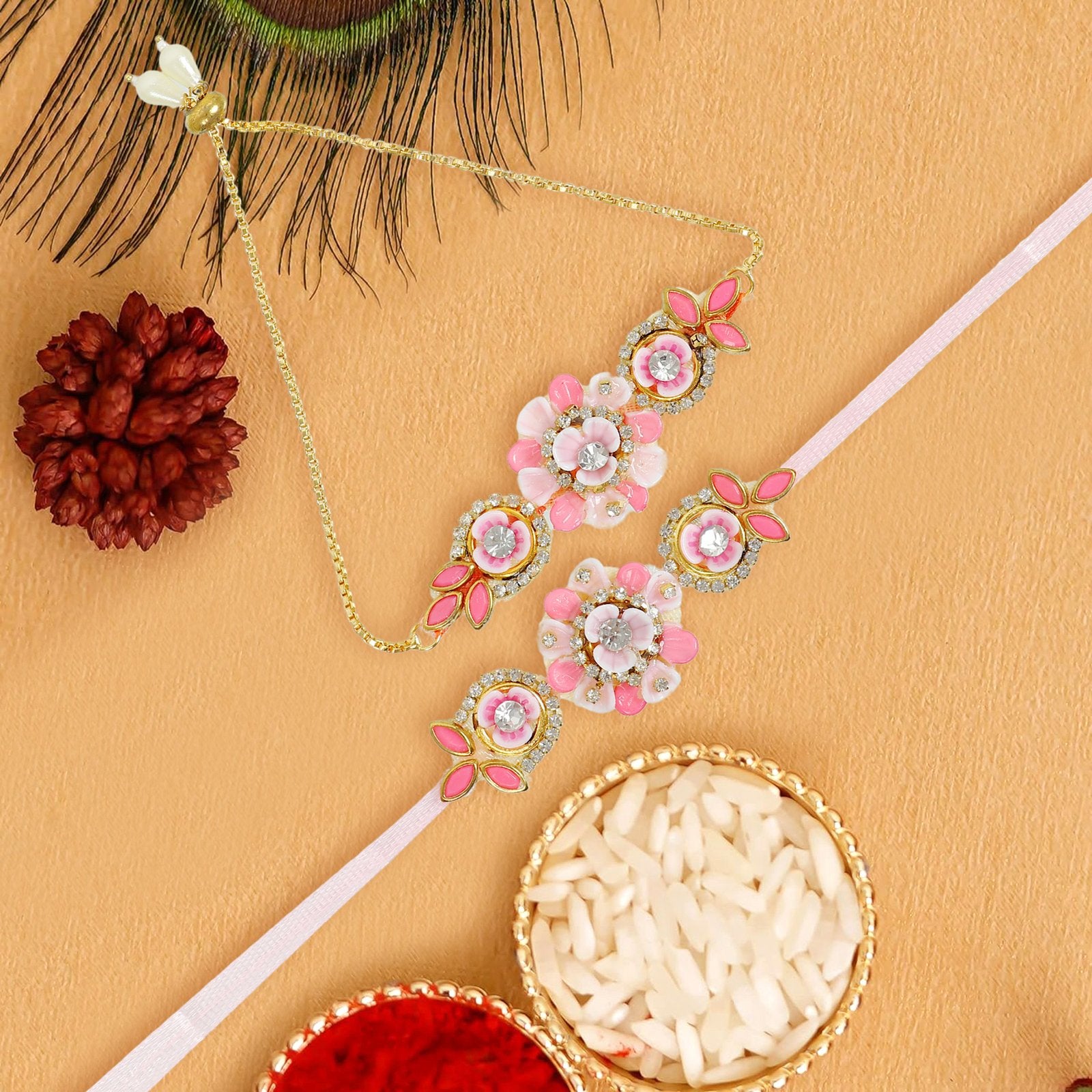 Pink Floral Kundan Zari Design Bhaiya Bhabhi Rakhi Set image 1