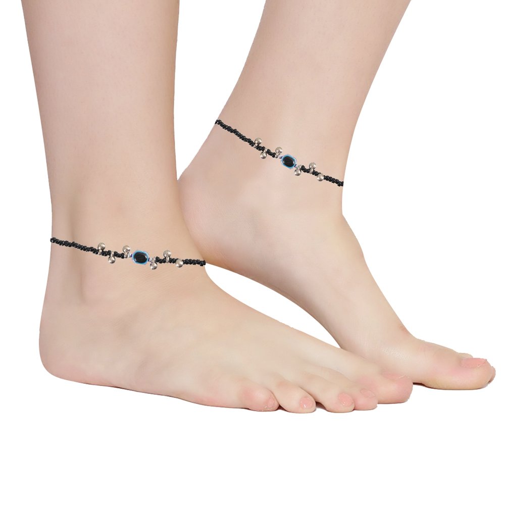 Silver-Plated Black Beaded Anklet For Women & Girls image 1