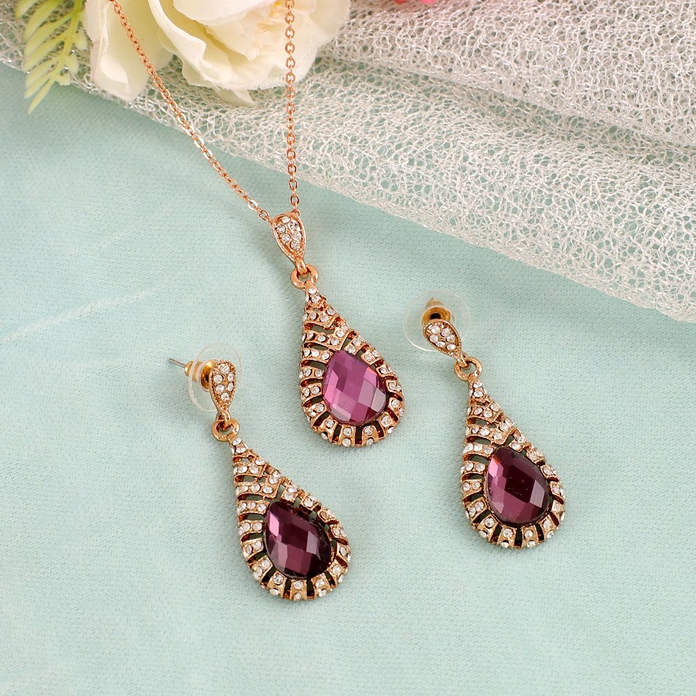 Gold-Plated Purple Crystal Retro Drop Necklace & Earring (Jewellery Set) image 2