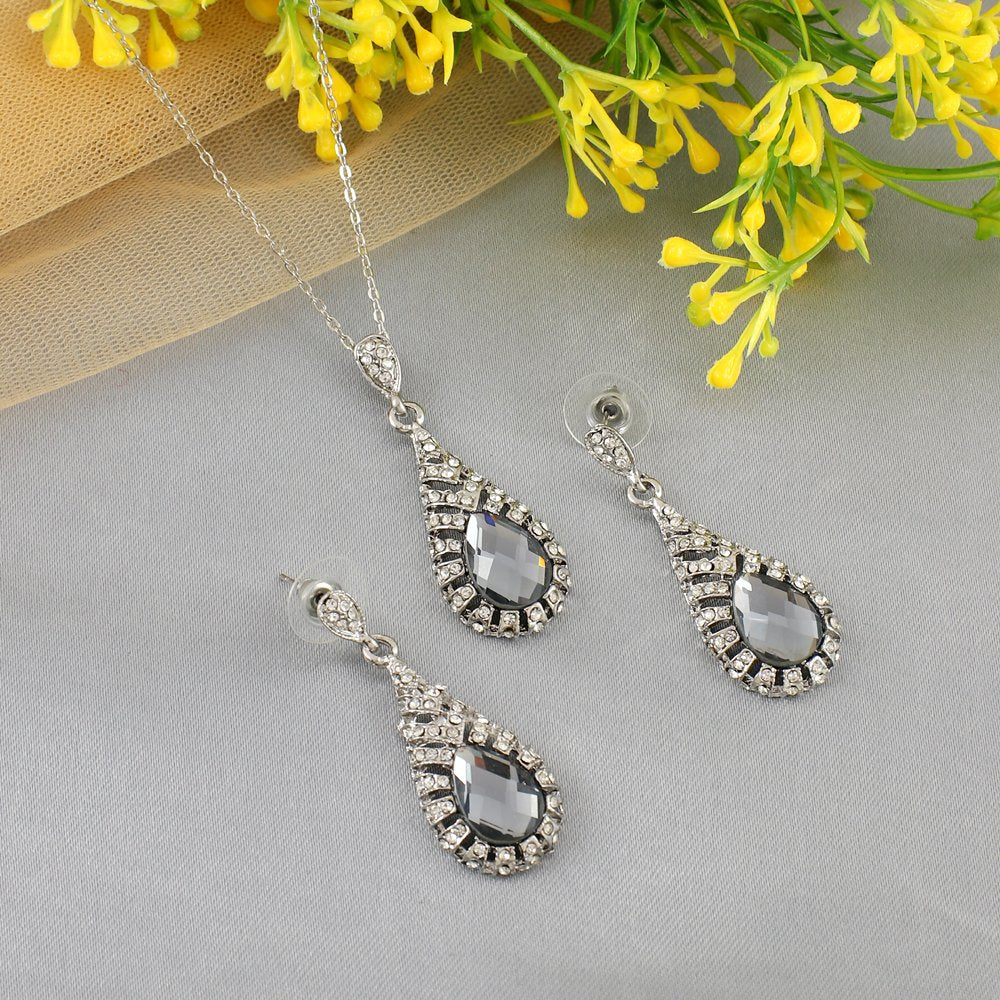 Silver-Plated Purple Crystal Retro Drop Necklace & Earring (Jewellery Set) image 0