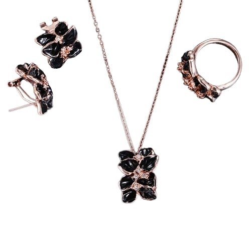Gold-Tone Floral Black Pendant Jewellery Set image 2