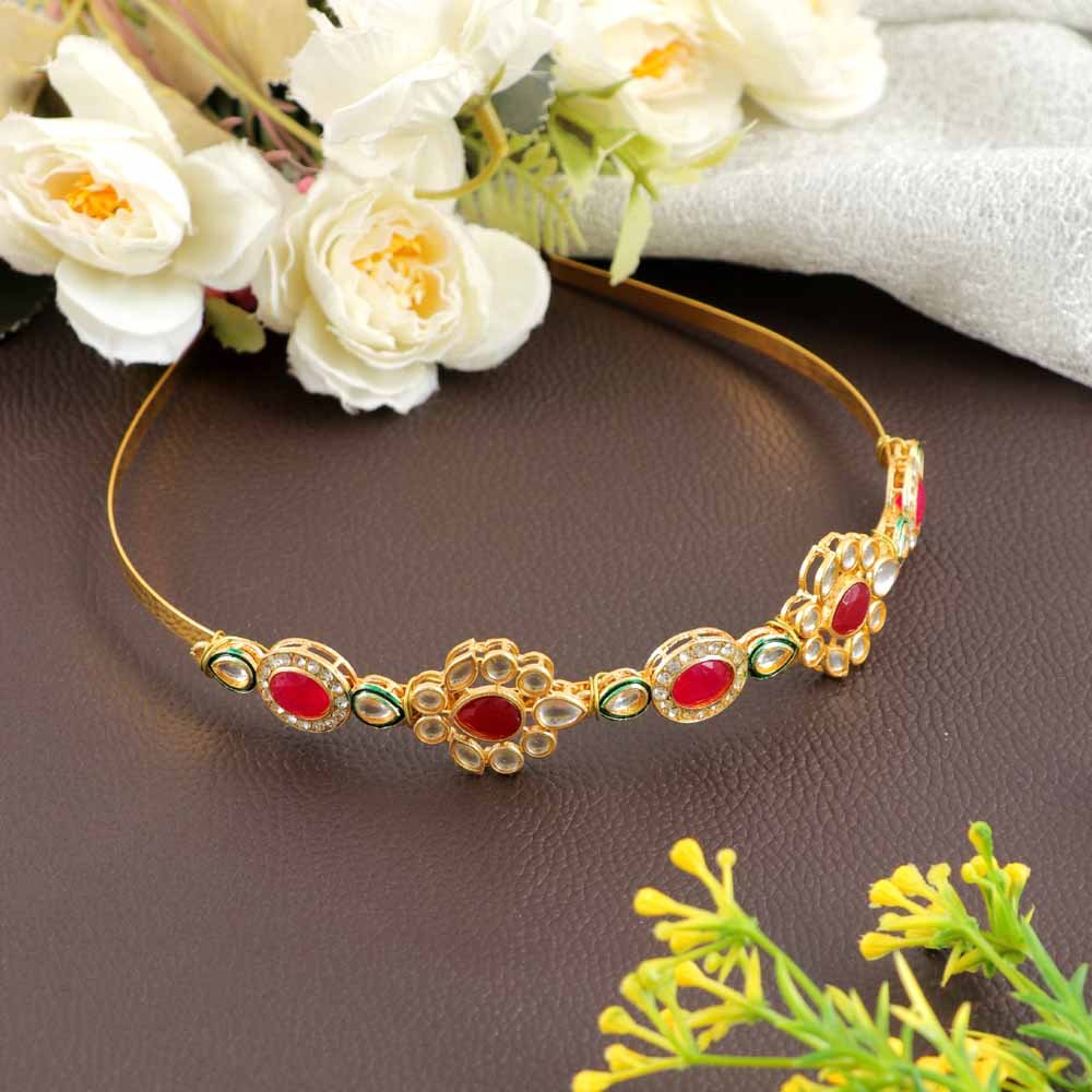 Gold-Plated Kundan Studded Sheeshphool Hairband with Free Brooch Gift image 3