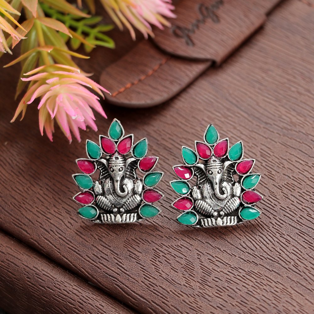 Oxiidsed Silver Red & Green Ganpati Drop Earrings image 1