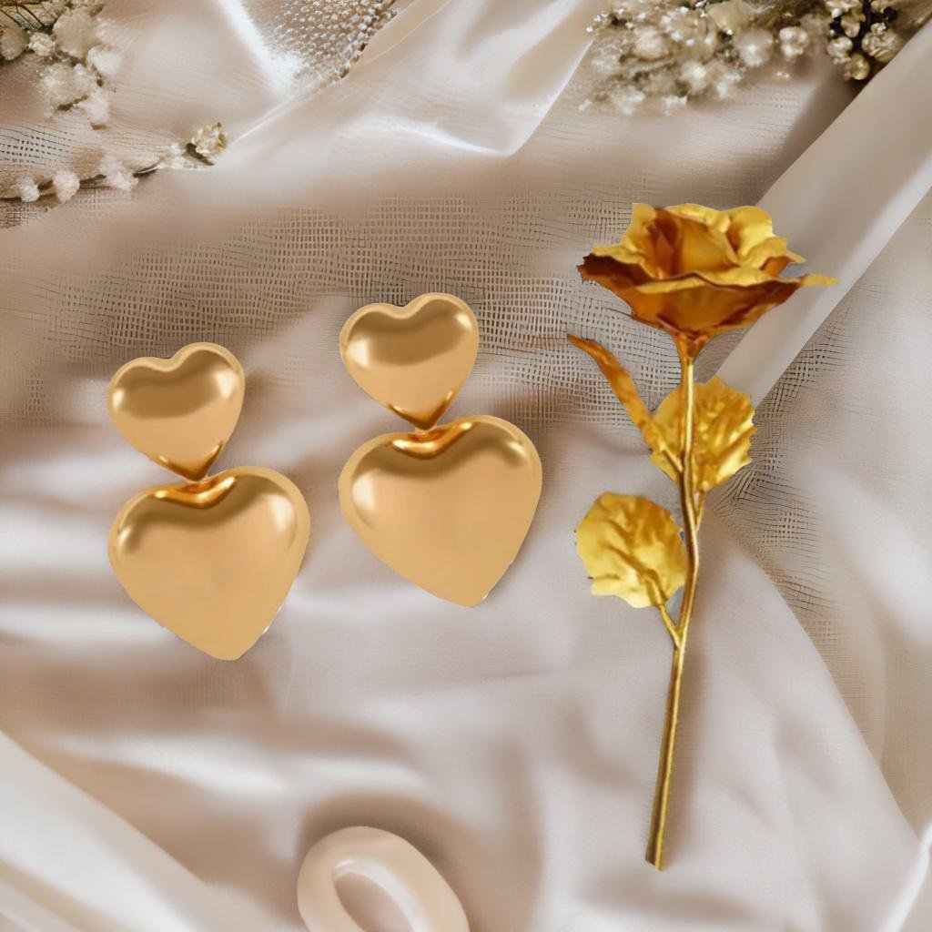Gold Heart Earrings & Golden Rose Gift Combo Set image 1