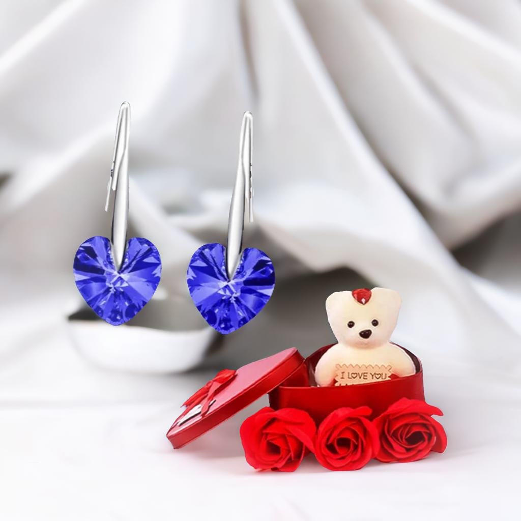 Heart Stud Drop Earrings With Red Teddy Bear Gift Combo Set image 2