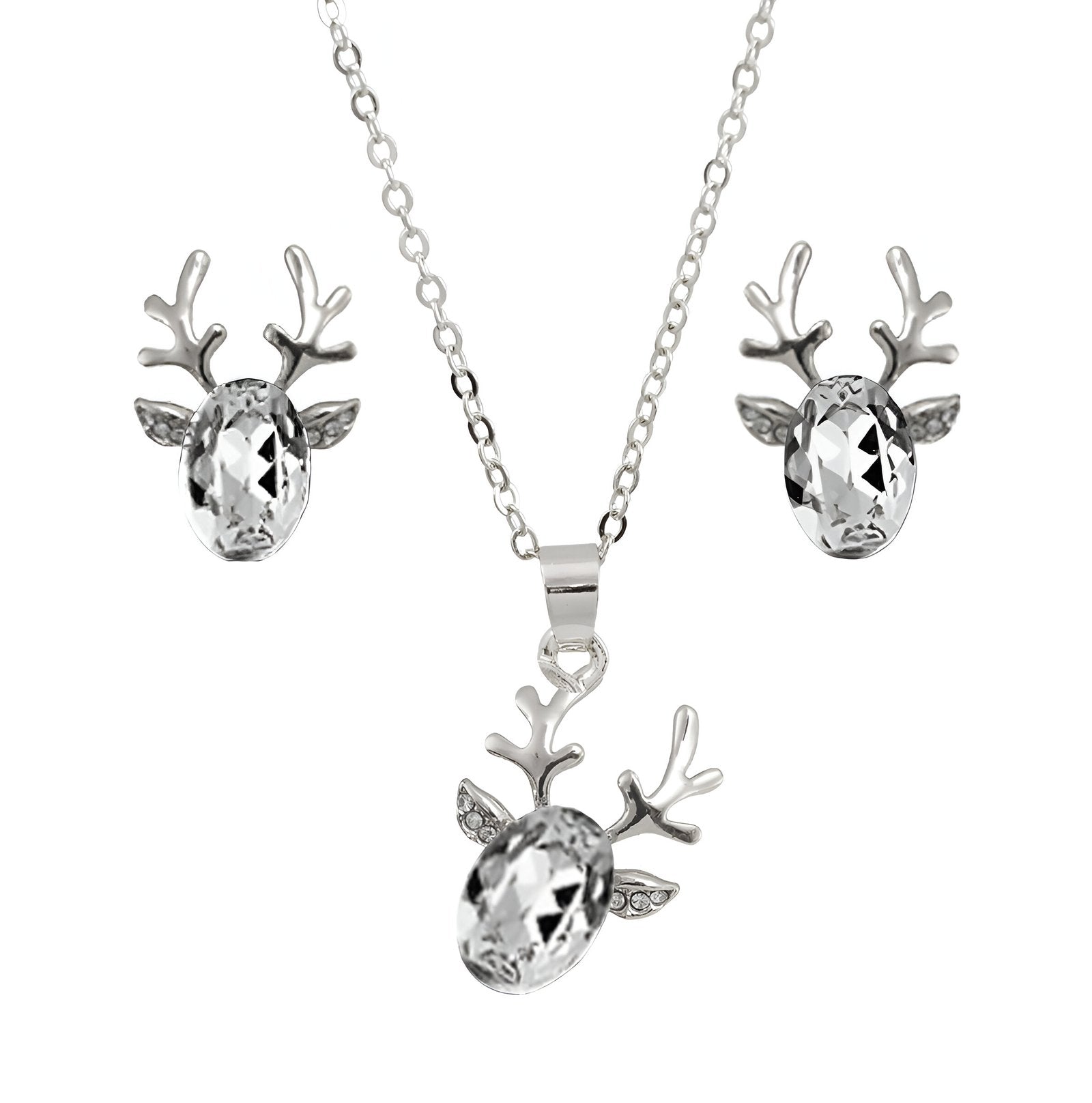 Silver-Plated White Crystal Deer Design Necklace & Earring Set image 1