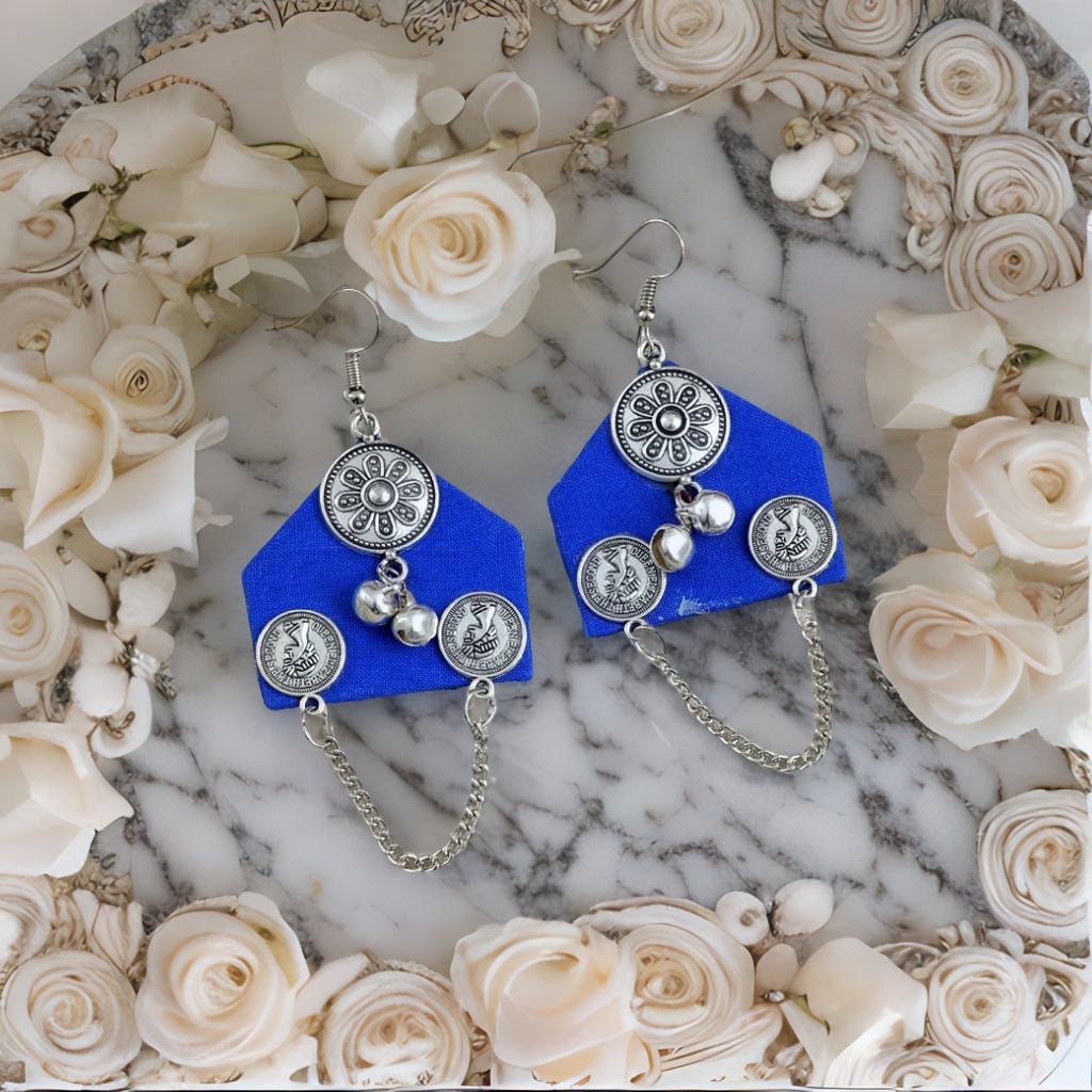 Royal Blue Fabric Chain String Dangler Earrings image 0
