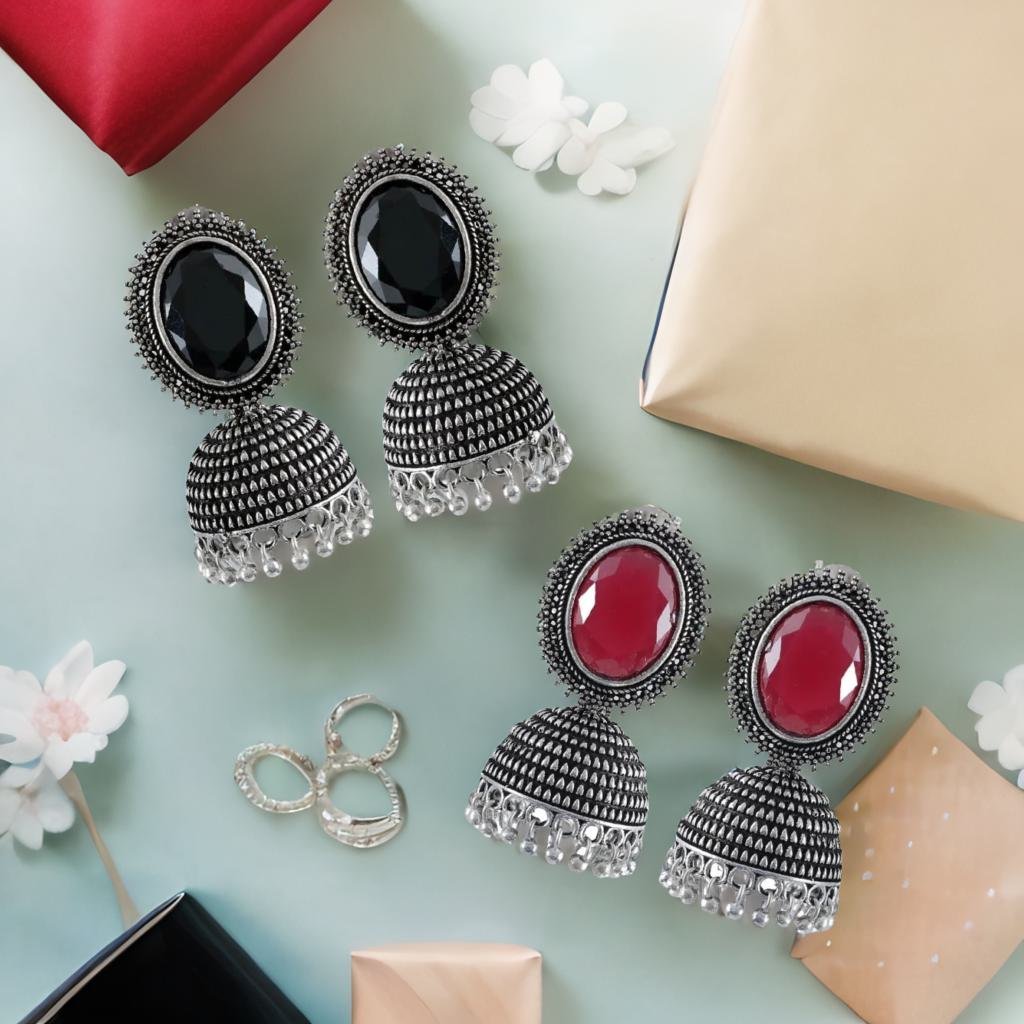 Oxidised Silver Jhunka/Jhumki Earrings Combo Set image 3