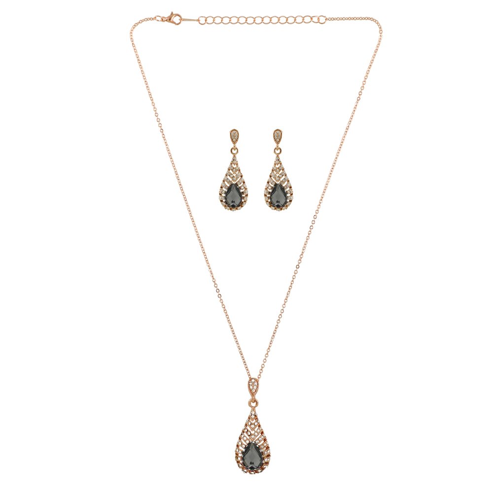 Gold-Plated Grey Crystal Retro Drop Necklace & Earring (Jewellery Set) image 3