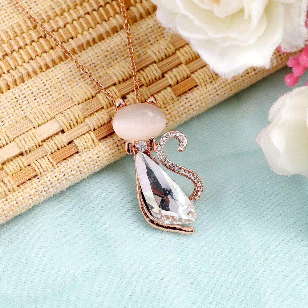 Gold-Plated Cat Style White Crystal Studded Pendant Necklace image 2