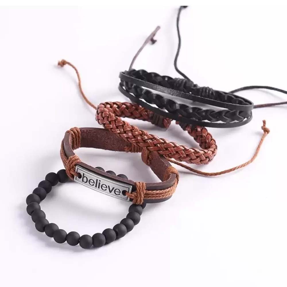 Brown Black Believe Multi-Strand Leather & Beads Charm Bracelet image 2