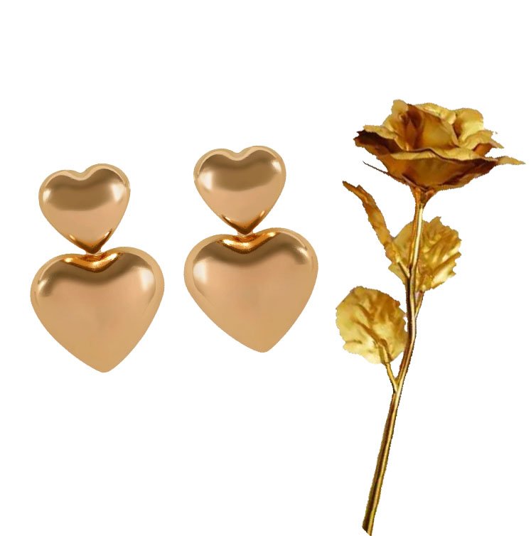 Gold Heart Earrings & Golden Rose Gift Combo Set image 3