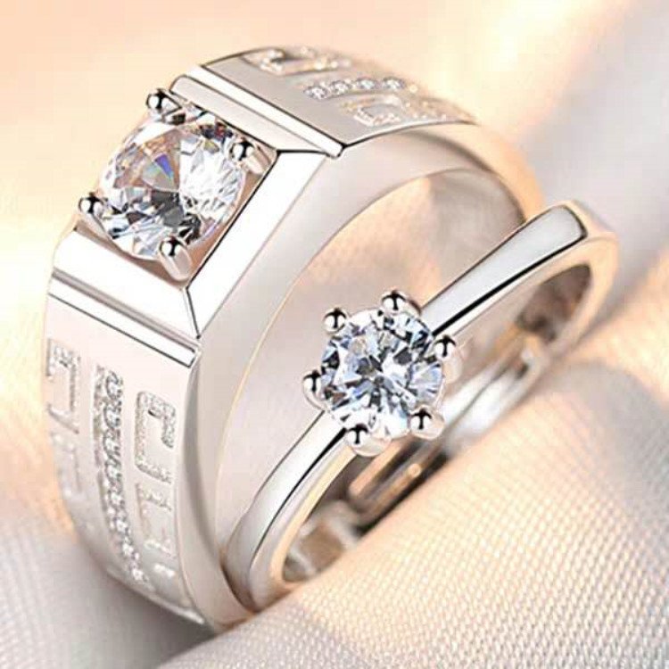Sparkling Silver-Plated Crystal Studded Couple Ring image 0
