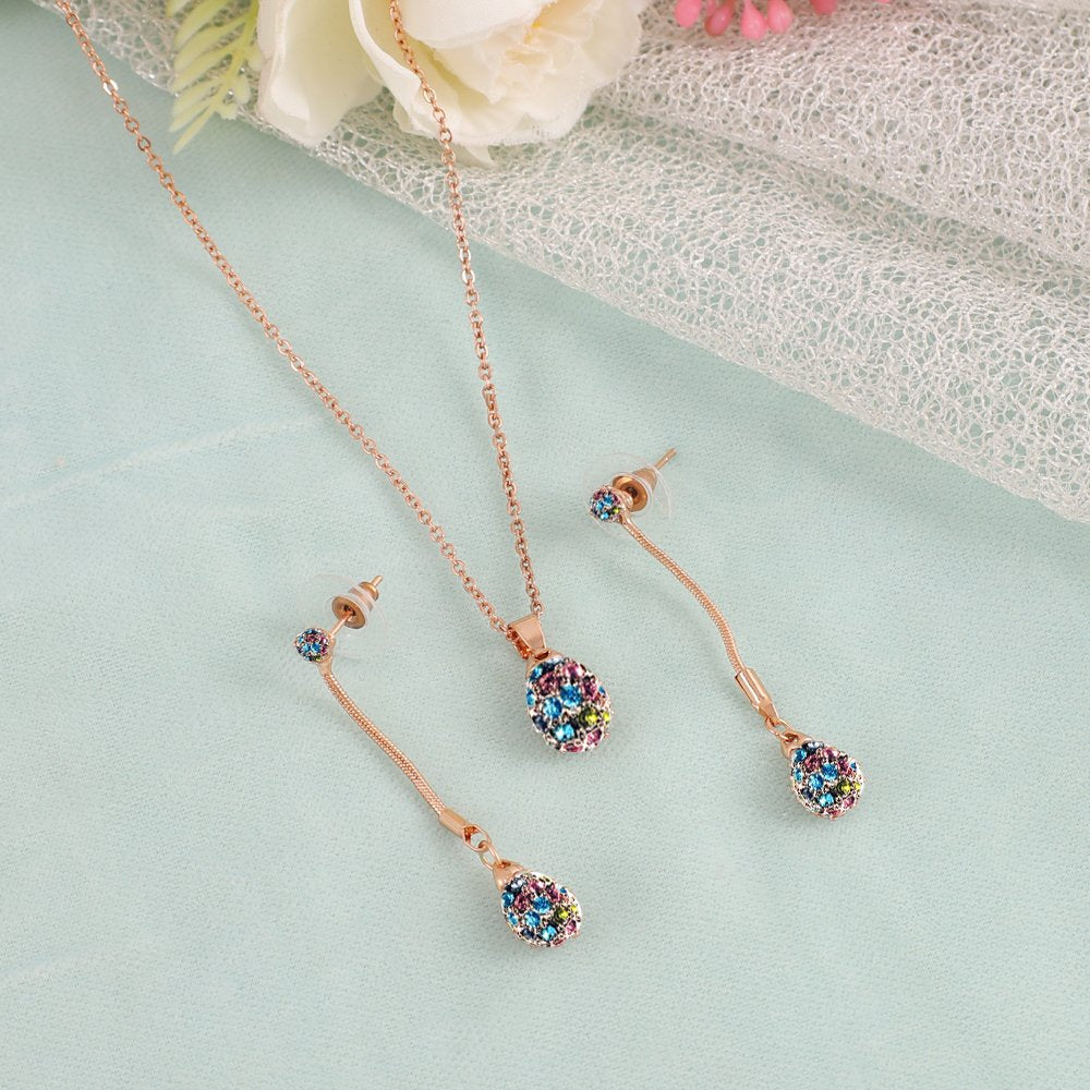 Gold-Plated Korean Design Cubic Zirconia Multicolor Chain Pendant Necklace& Earring Set image 2